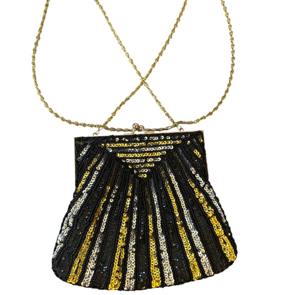 Elegant Black, Gold and Silver Sequin and beaded Evening Bag - Prom time!